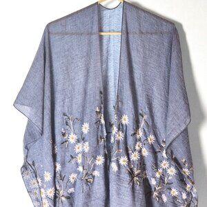 Sheer Blue Boho Embroidered Kimono Cardigan – One Size